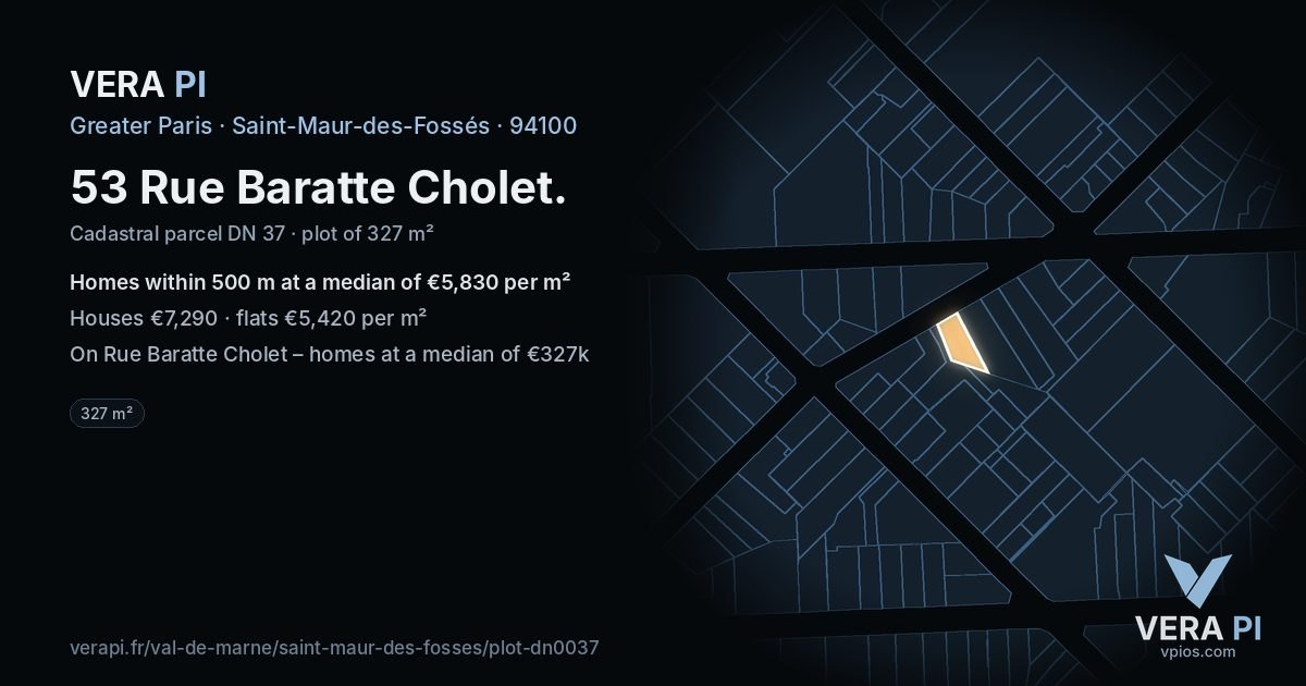 53 Rue Baratte Cholet, Saint-Maur-des-Fossés at night – the plot lit, the parcels around coloured by the prices near them