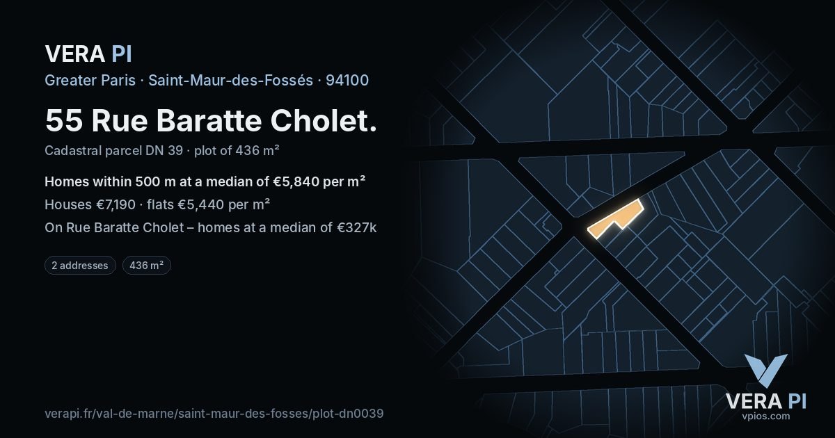 55 Rue Baratte Cholet, Saint-Maur-des-Fossés at night – the plot lit, the parcels around coloured by the prices near them