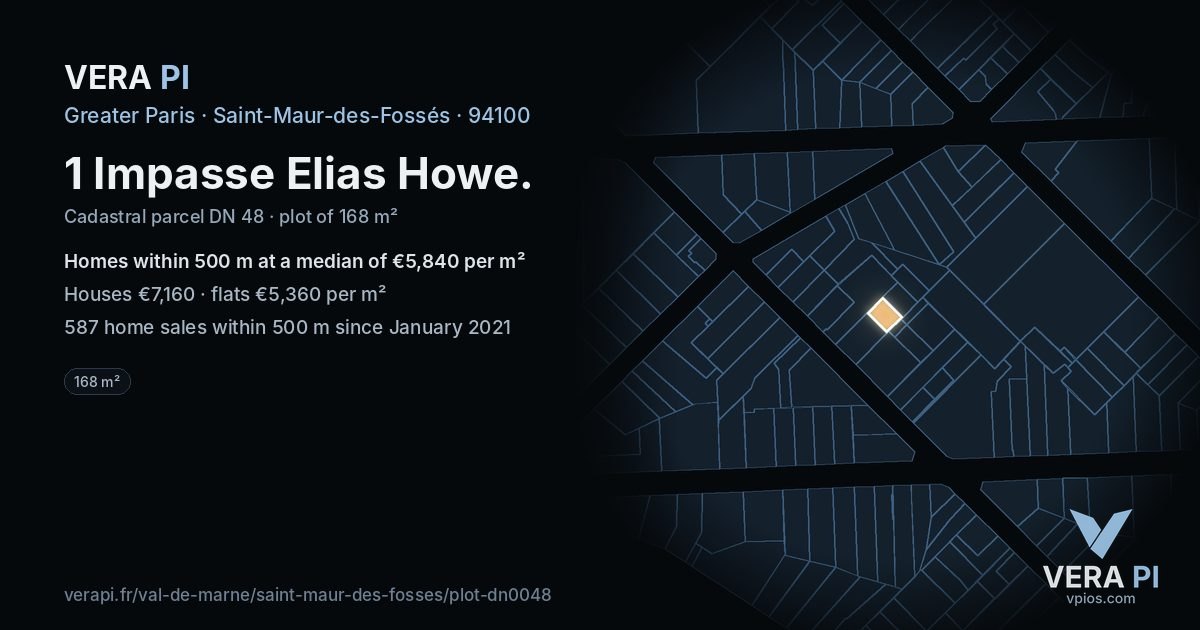 1 Impasse Elias Howe, Saint-Maur-des-Fossés at night – the plot lit, the parcels around coloured by the prices near them