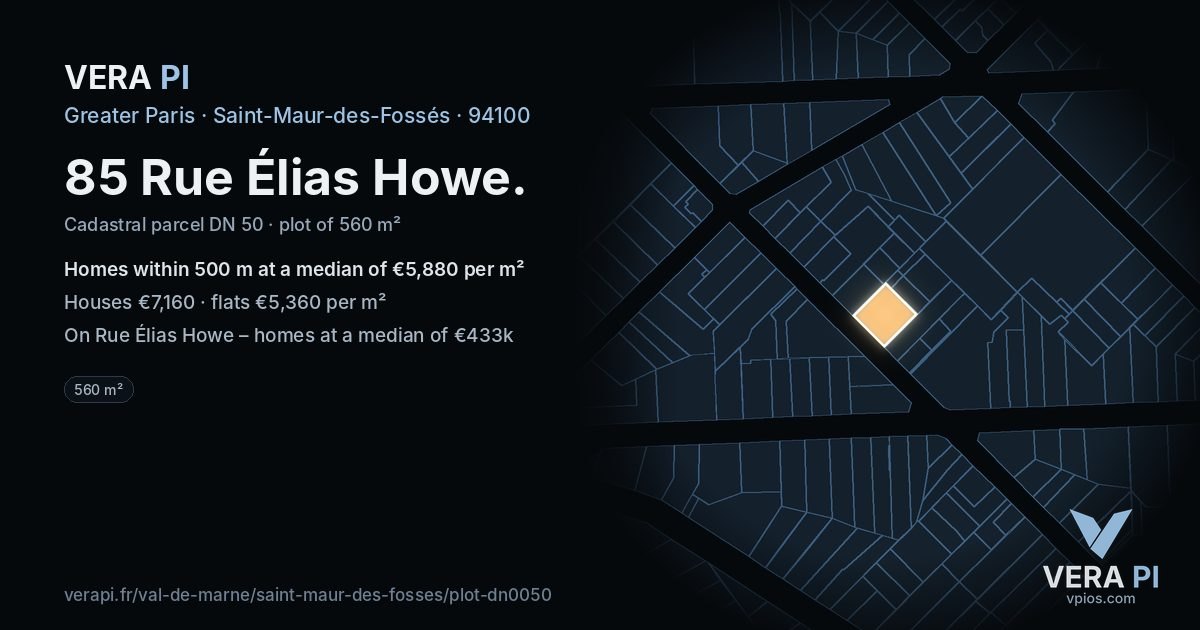 85 Rue Élias Howe, Saint-Maur-des-Fossés at night – the plot lit, the parcels around coloured by the prices near them
