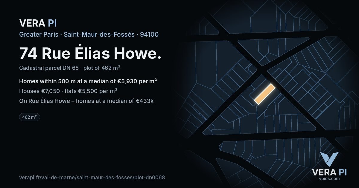 74 Rue Élias Howe, Saint-Maur-des-Fossés at night – the plot lit, the parcels around coloured by the prices near them