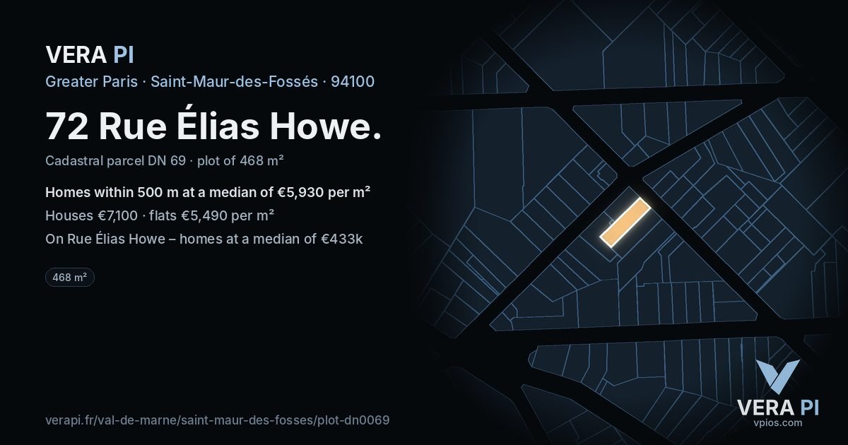 72 Rue Élias Howe, Saint-Maur-des-Fossés at night – the plot lit, the parcels around coloured by the prices near them