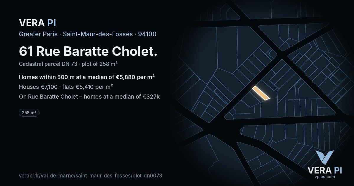 61 Rue Baratte Cholet, Saint-Maur-des-Fossés at night – the plot lit, the parcels around coloured by the prices near them