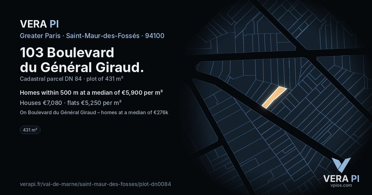103 Boulevard du Général Giraud, Saint-Maur-des-Fossés at night – the plot lit, the parcels around coloured by the prices near them