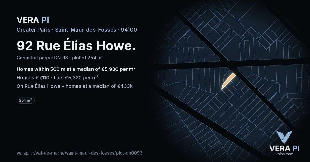 92 Rue Élias Howe, Saint-Maur-des-Fossés at night – the plot lit, the parcels around coloured by the prices near them