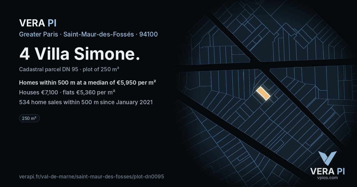 4 Villa Simone, Saint-Maur-des-Fossés at night – the plot lit, the parcels around coloured by the prices near them