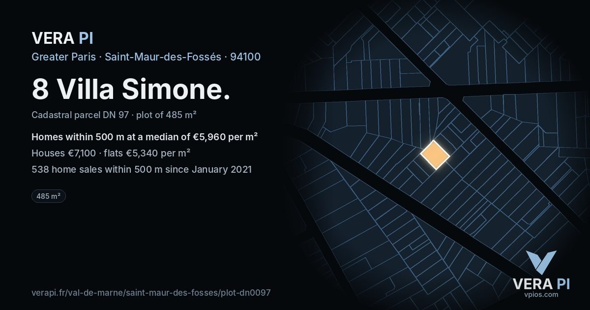 8 Villa Simone, Saint-Maur-des-Fossés at night – the plot lit, the parcels around coloured by the prices near them