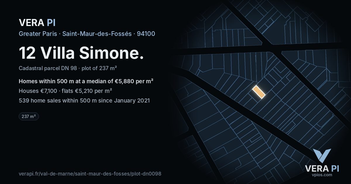 12 Villa Simone, Saint-Maur-des-Fossés at night – the plot lit, the parcels around coloured by the prices near them