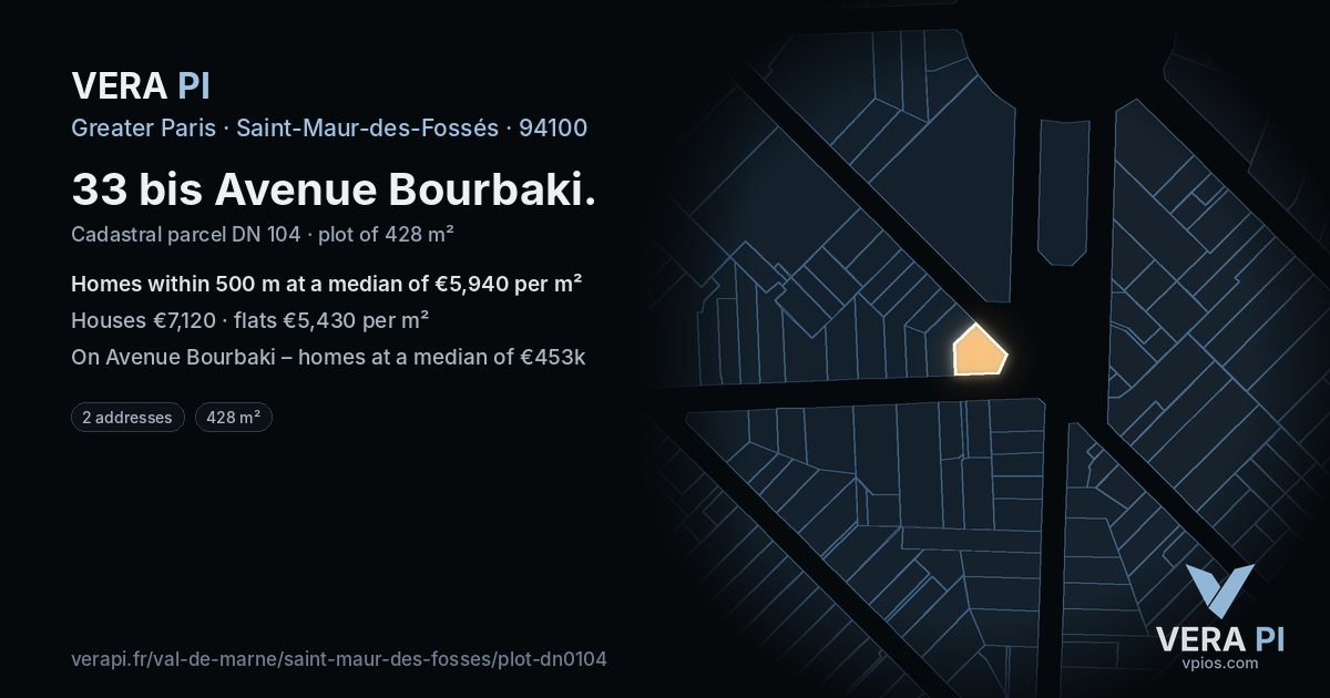 33 bis Avenue Bourbaki, Saint-Maur-des-Fossés at night – the plot lit, the parcels around coloured by the prices near them