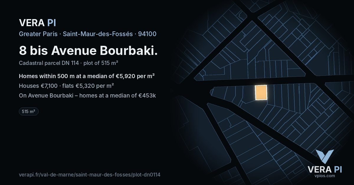 8 bis Avenue Bourbaki, Saint-Maur-des-Fossés at night – the plot lit, the parcels around coloured by the prices near them