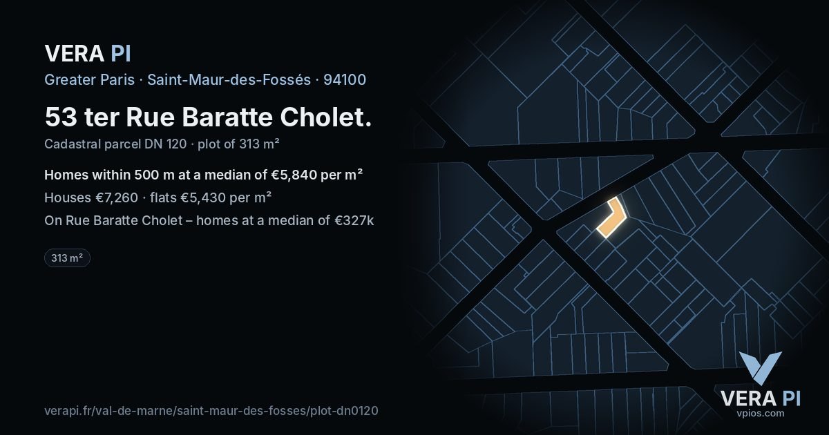 53 ter Rue Baratte Cholet, Saint-Maur-des-Fossés at night – the plot lit, the parcels around coloured by the prices near them
