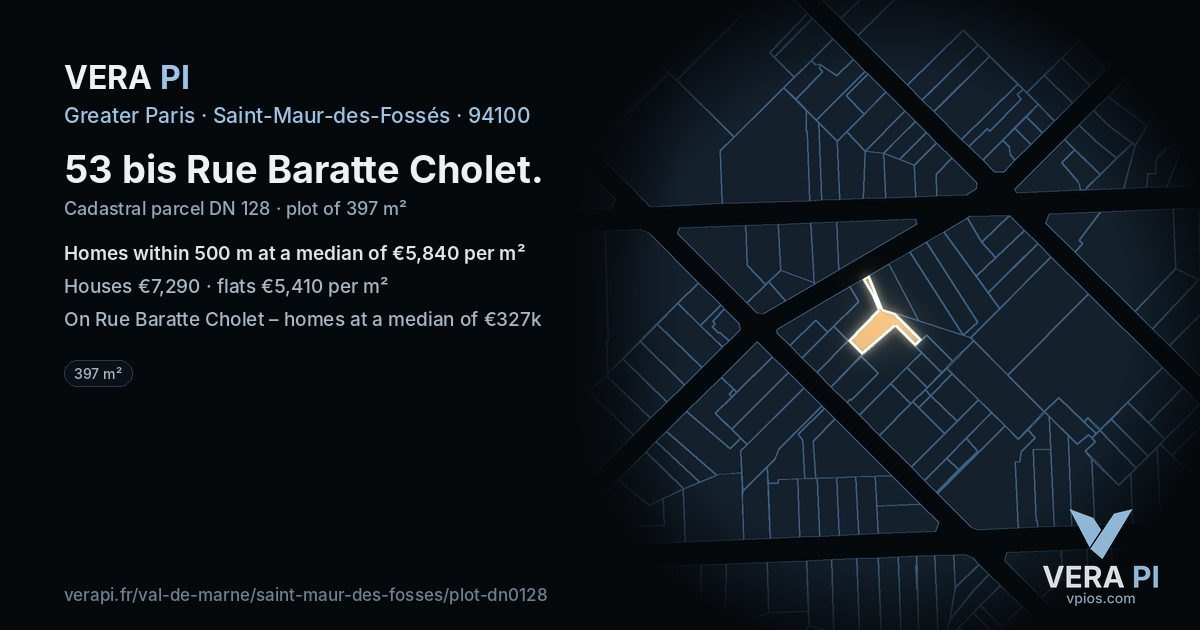 53 bis Rue Baratte Cholet, Saint-Maur-des-Fossés at night – the plot lit, the parcels around coloured by the prices near them