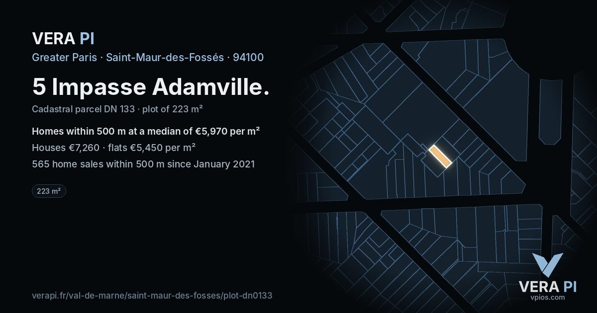 5 Impasse Adamville, Saint-Maur-des-Fossés at night – the plot lit, the parcels around coloured by the prices near them