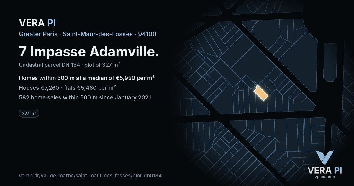 7 Impasse Adamville, Saint-Maur-des-Fossés at night – the plot lit, the parcels around coloured by the prices near them