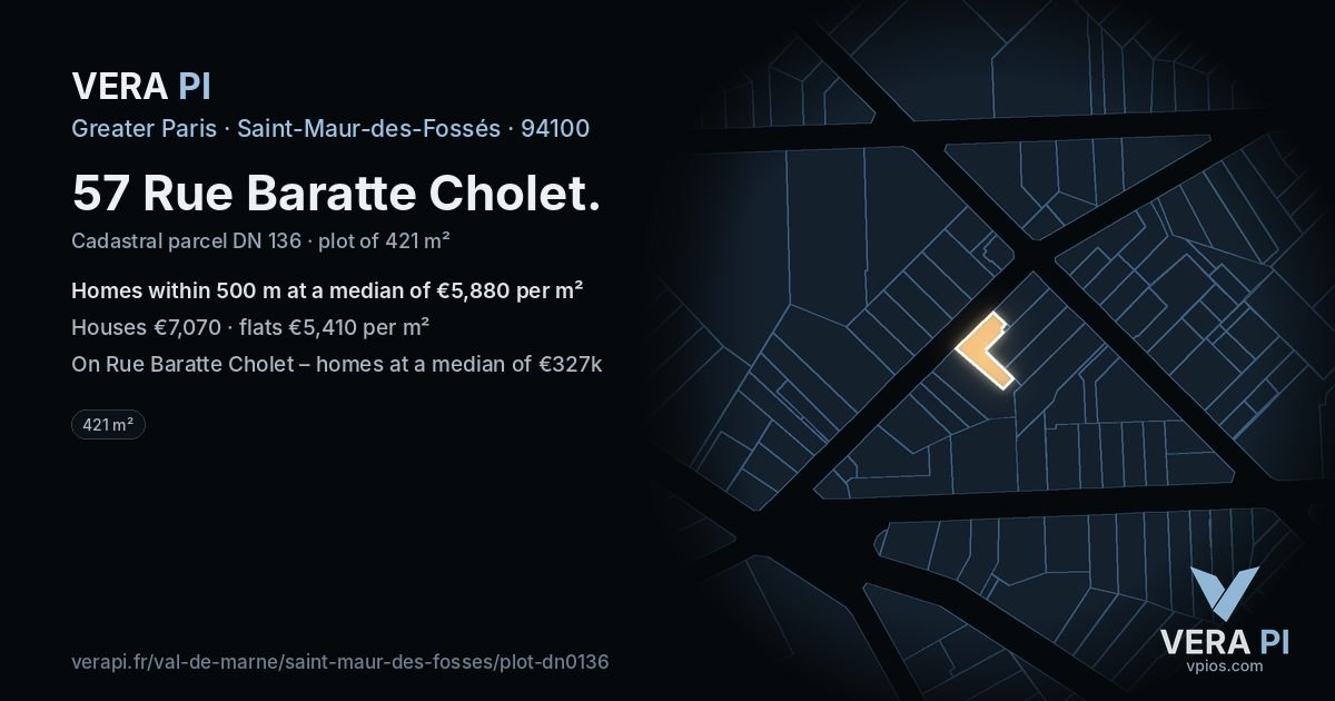 57 Rue Baratte Cholet, Saint-Maur-des-Fossés at night – the plot lit, the parcels around coloured by the prices near them