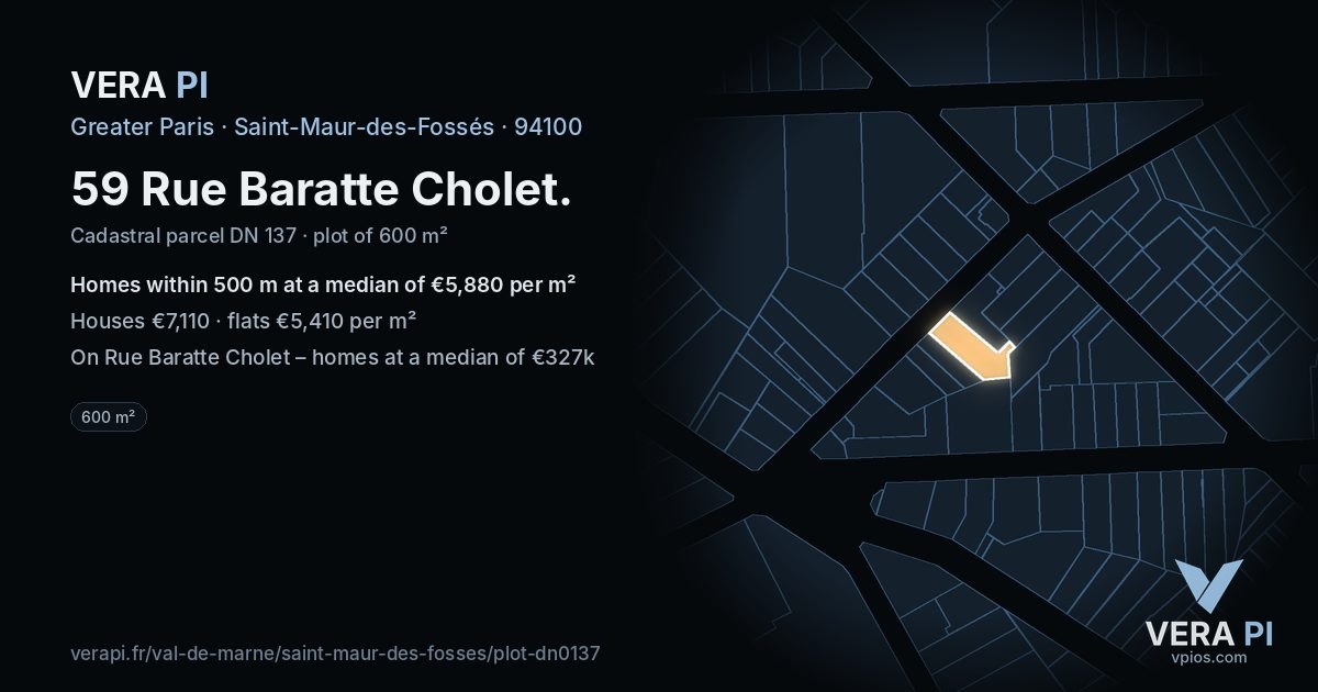 59 Rue Baratte Cholet, Saint-Maur-des-Fossés at night – the plot lit, the parcels around coloured by the prices near them