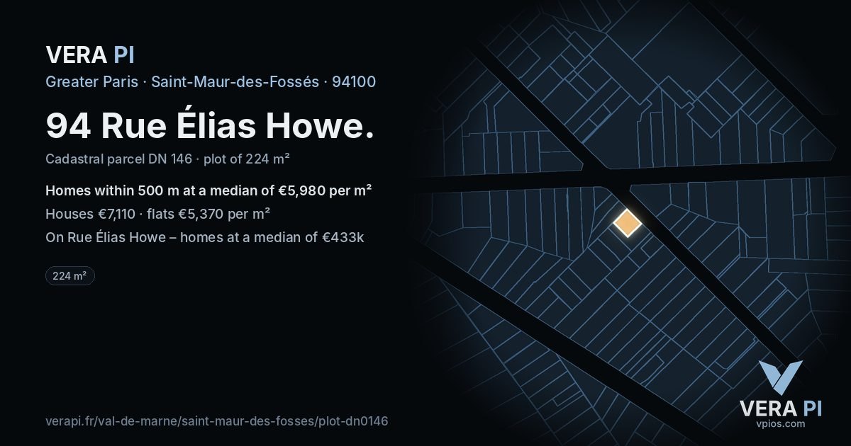 94 Rue Élias Howe, Saint-Maur-des-Fossés at night – the plot lit, the parcels around coloured by the prices near them