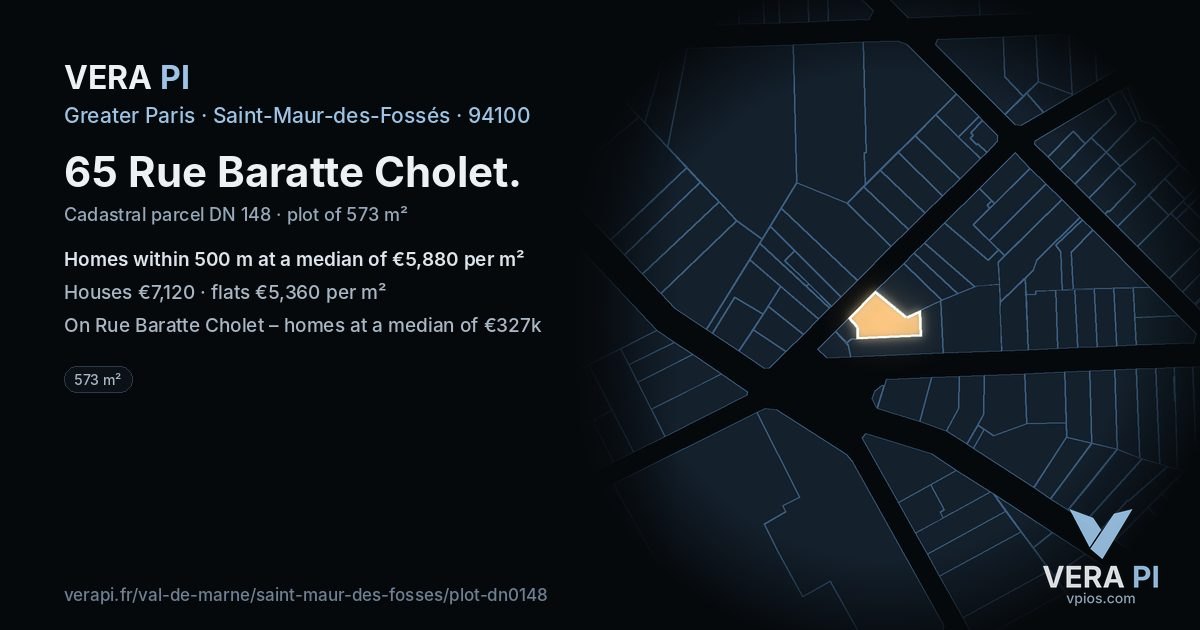 65 Rue Baratte Cholet, Saint-Maur-des-Fossés at night – the plot lit, the parcels around coloured by the prices near them