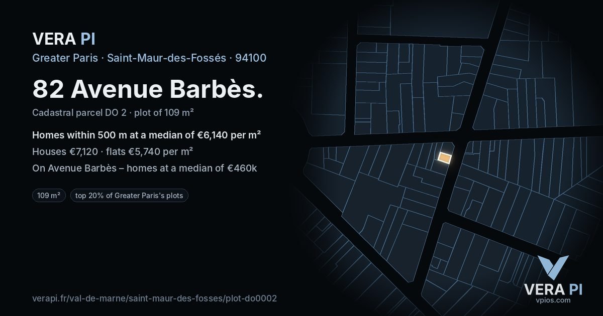 82 Avenue Barbès, Saint-Maur-des-Fossés at night – the plot lit, the parcels around coloured by the prices near them