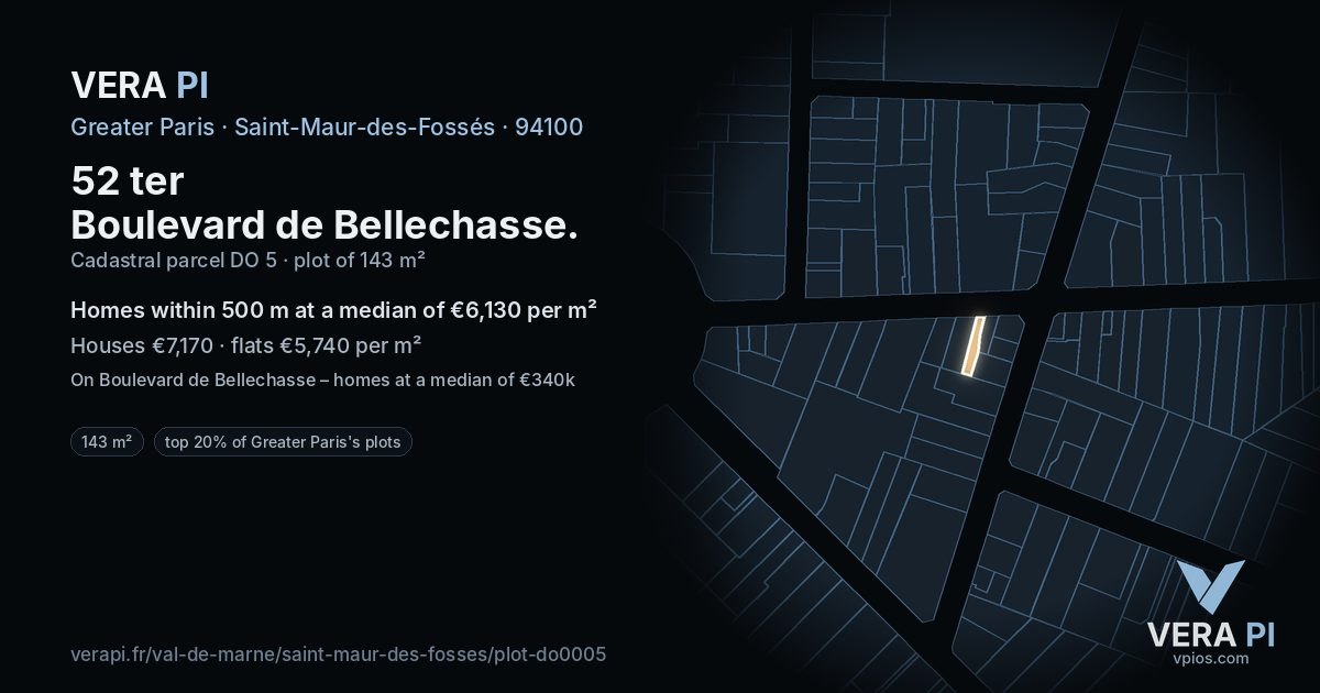 52 ter Boulevard de Bellechasse, Saint-Maur-des-Fossés at night – the plot lit, the parcels around coloured by the prices near them