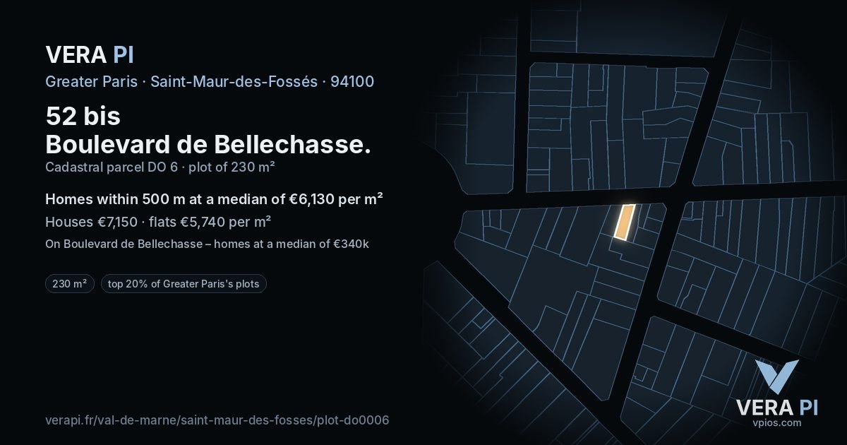 52 bis Boulevard de Bellechasse, Saint-Maur-des-Fossés at night – the plot lit, the parcels around coloured by the prices near them