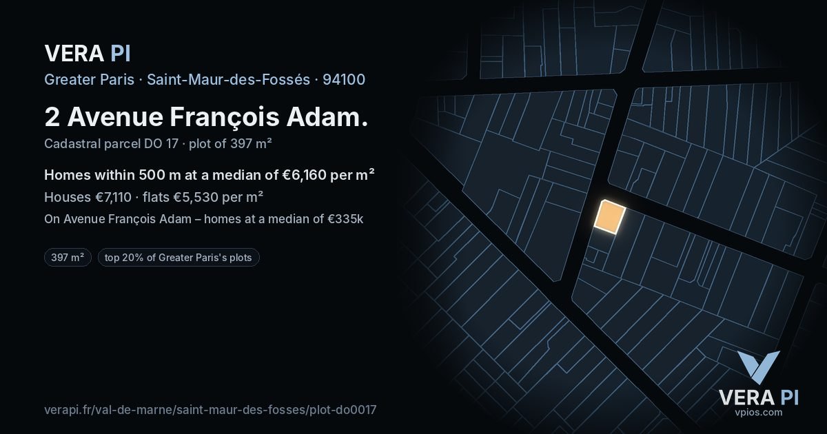 2 Avenue François Adam, Saint-Maur-des-Fossés at night – the plot lit, the parcels around coloured by the prices near them