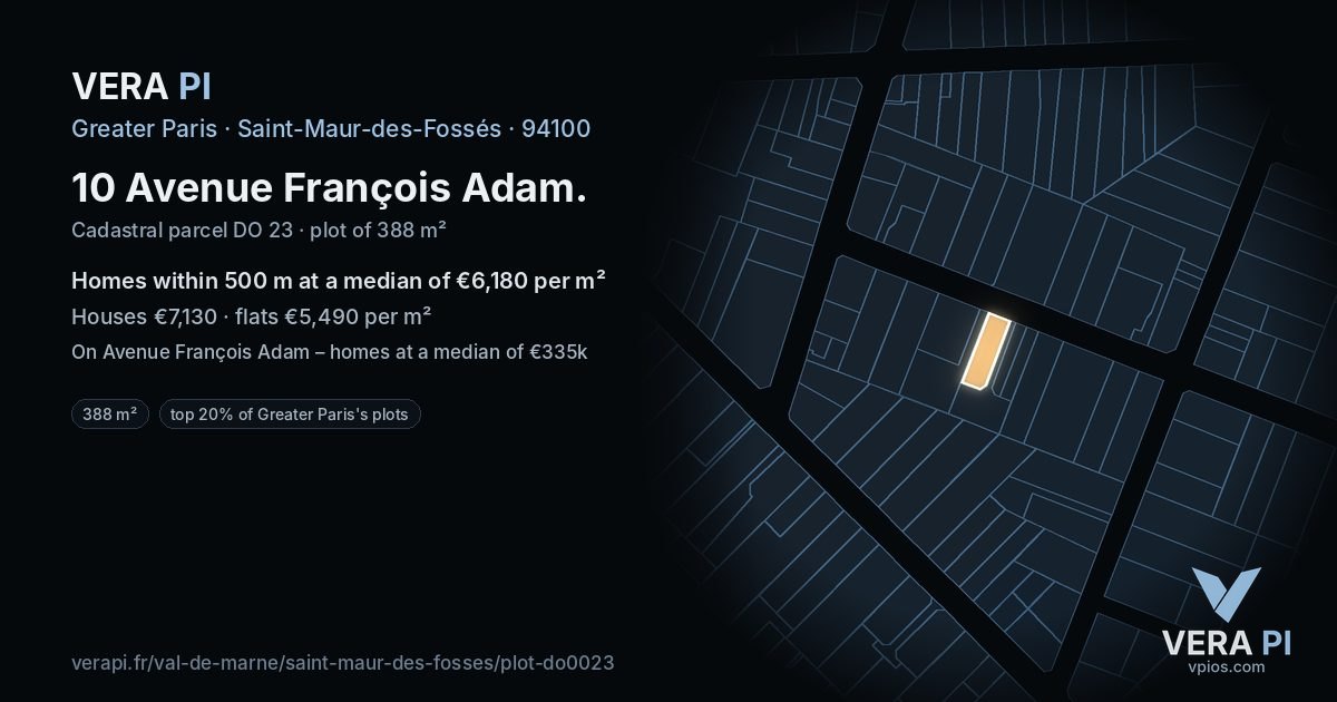 10 Avenue François Adam, Saint-Maur-des-Fossés at night – the plot lit, the parcels around coloured by the prices near them