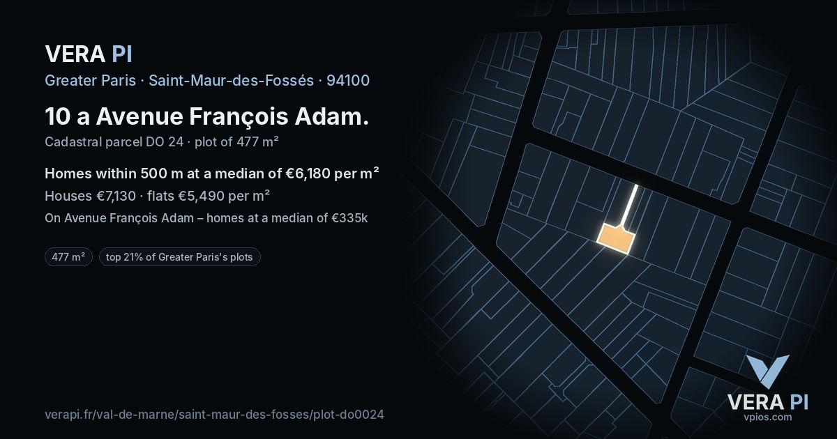 10 a Avenue François Adam, Saint-Maur-des-Fossés at night – the plot lit, the parcels around coloured by the prices near them