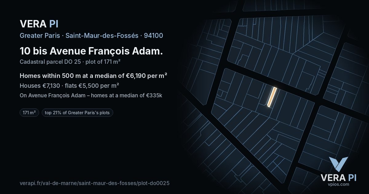 10 bis Avenue François Adam, Saint-Maur-des-Fossés at night – the plot lit, the parcels around coloured by the prices near them