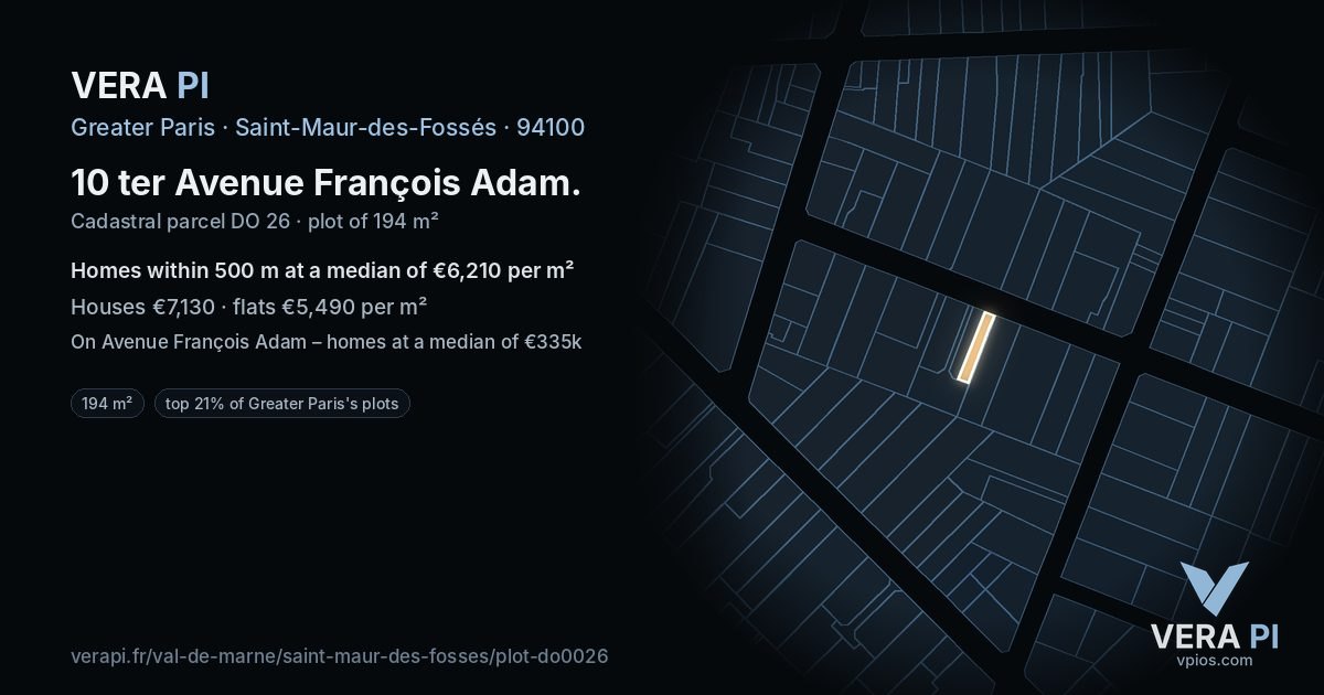 10 ter Avenue François Adam, Saint-Maur-des-Fossés at night – the plot lit, the parcels around coloured by the prices near them