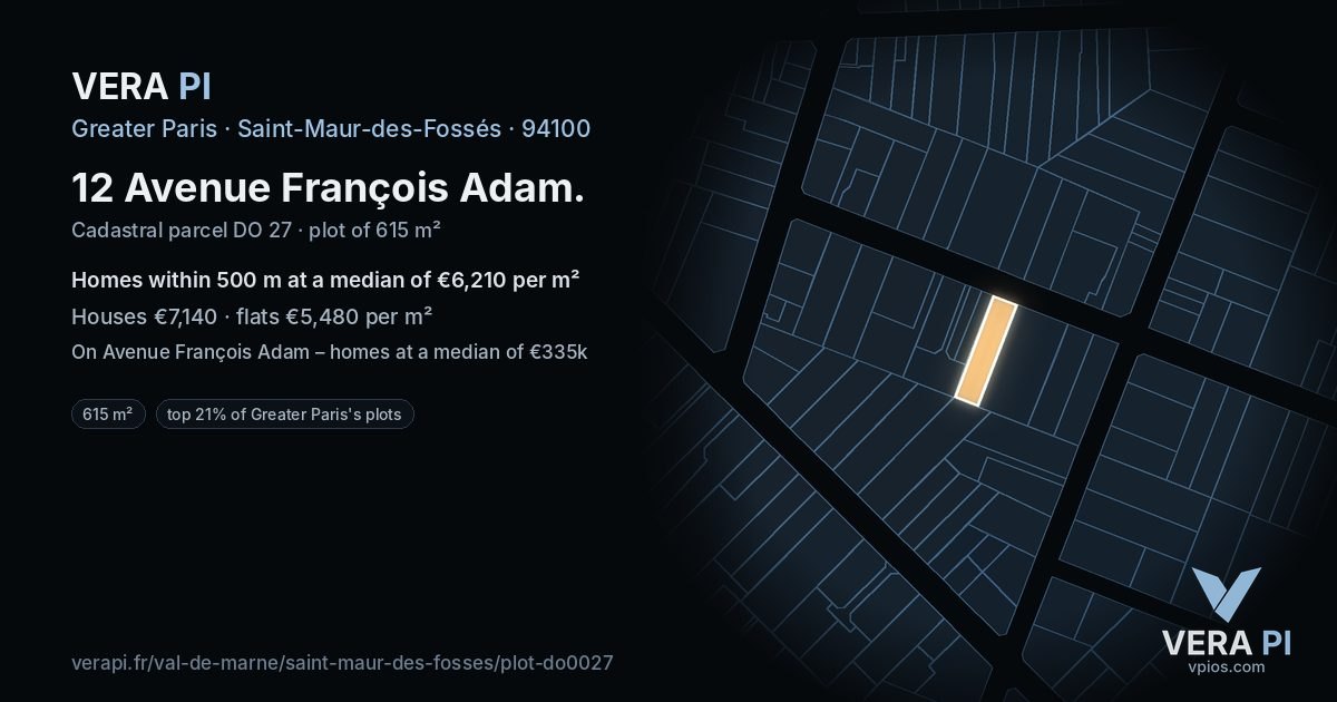 12 Avenue François Adam, Saint-Maur-des-Fossés at night – the plot lit, the parcels around coloured by the prices near them