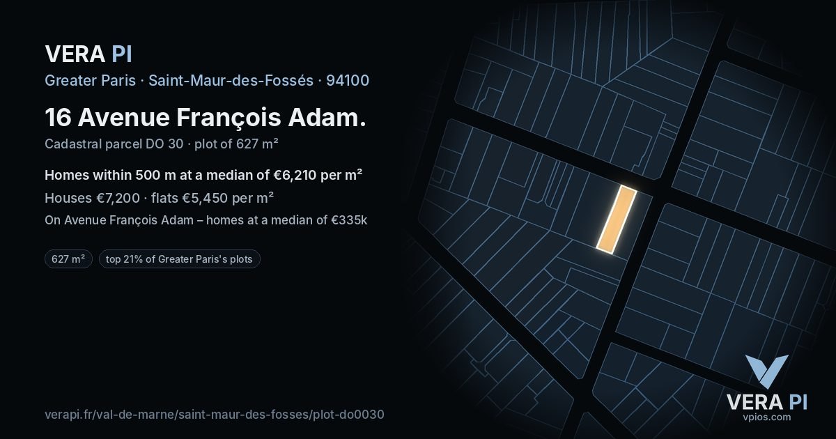16 Avenue François Adam, Saint-Maur-des-Fossés at night – the plot lit, the parcels around coloured by the prices near them