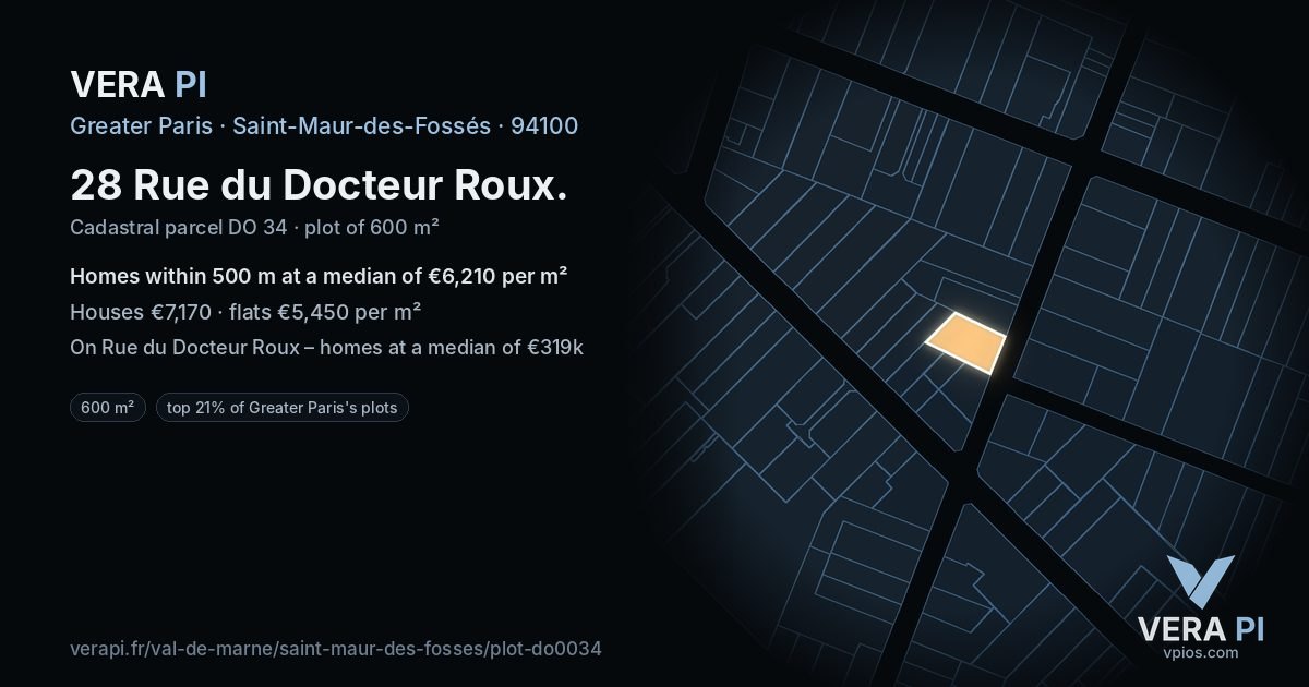 28 Rue du Docteur Roux, Saint-Maur-des-Fossés at night – the plot lit, the parcels around coloured by the prices near them