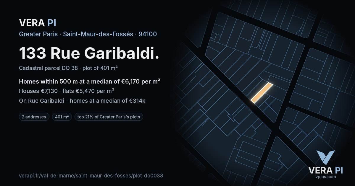 133 Rue Garibaldi, Saint-Maur-des-Fossés at night – the plot lit, the parcels around coloured by the prices near them