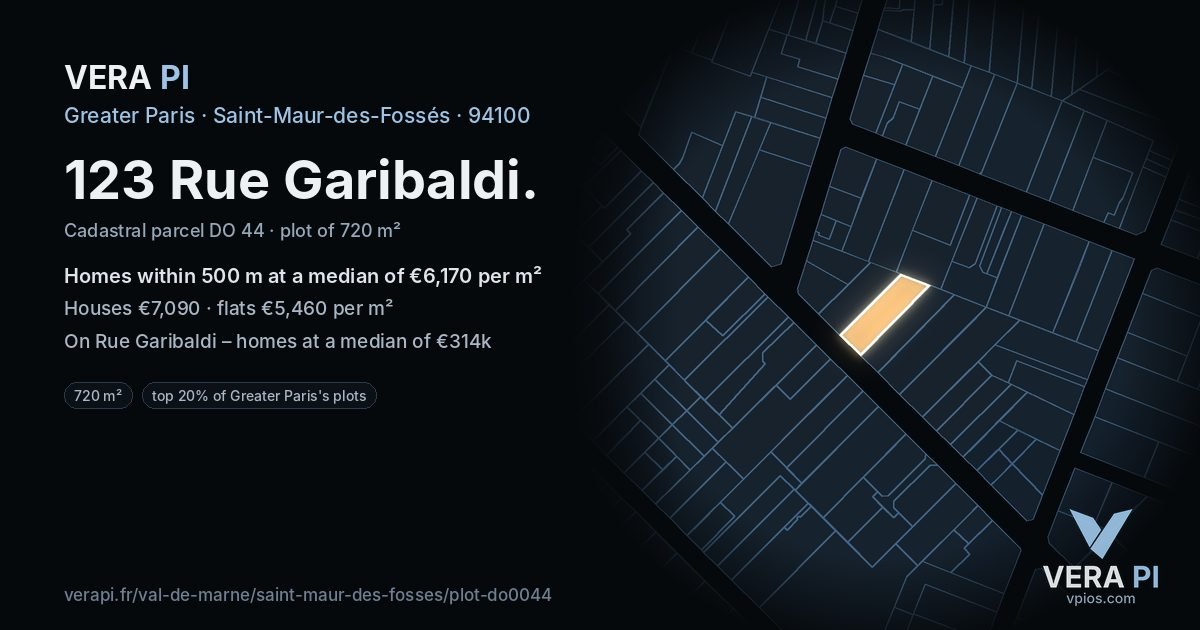 123 Rue Garibaldi, Saint-Maur-des-Fossés at night – the plot lit, the parcels around coloured by the prices near them