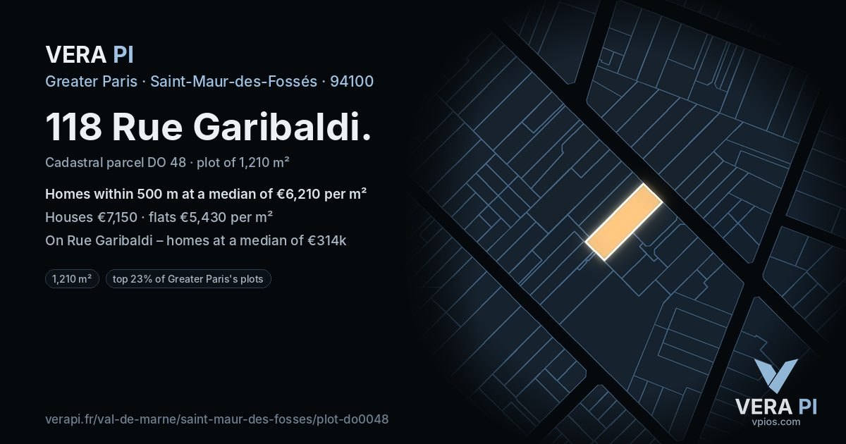 118 Rue Garibaldi, Saint-Maur-des-Fossés at night – the plot lit, the parcels around coloured by the prices near them