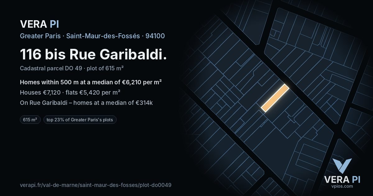 116 bis Rue Garibaldi, Saint-Maur-des-Fossés at night – the plot lit, the parcels around coloured by the prices near them