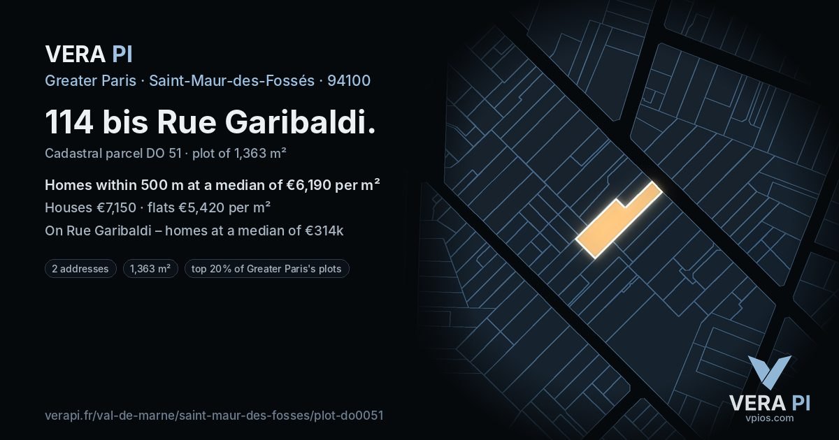 114 bis Rue Garibaldi, Saint-Maur-des-Fossés at night – the plot lit, the parcels around coloured by the prices near them