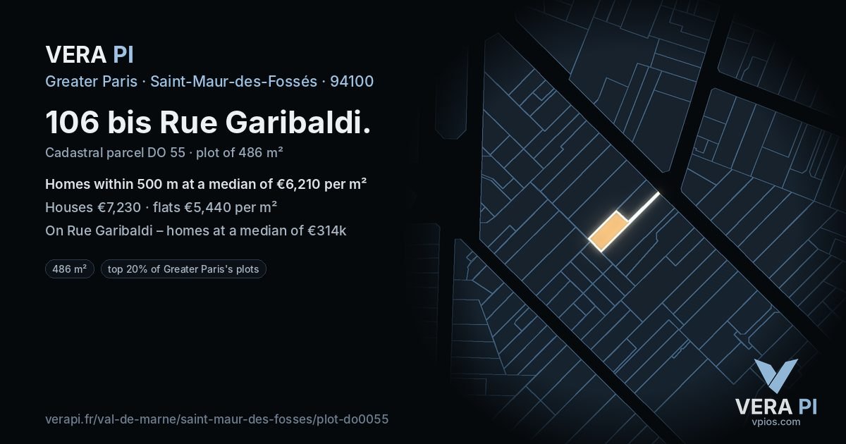 106 bis Rue Garibaldi, Saint-Maur-des-Fossés at night – the plot lit, the parcels around coloured by the prices near them