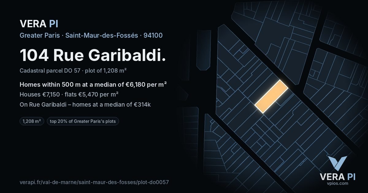 104 Rue Garibaldi, Saint-Maur-des-Fossés at night – the plot lit, the parcels around coloured by the prices near them