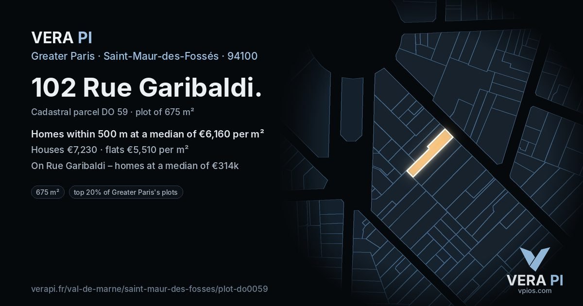 102 Rue Garibaldi, Saint-Maur-des-Fossés at night – the plot lit, the parcels around coloured by the prices near them