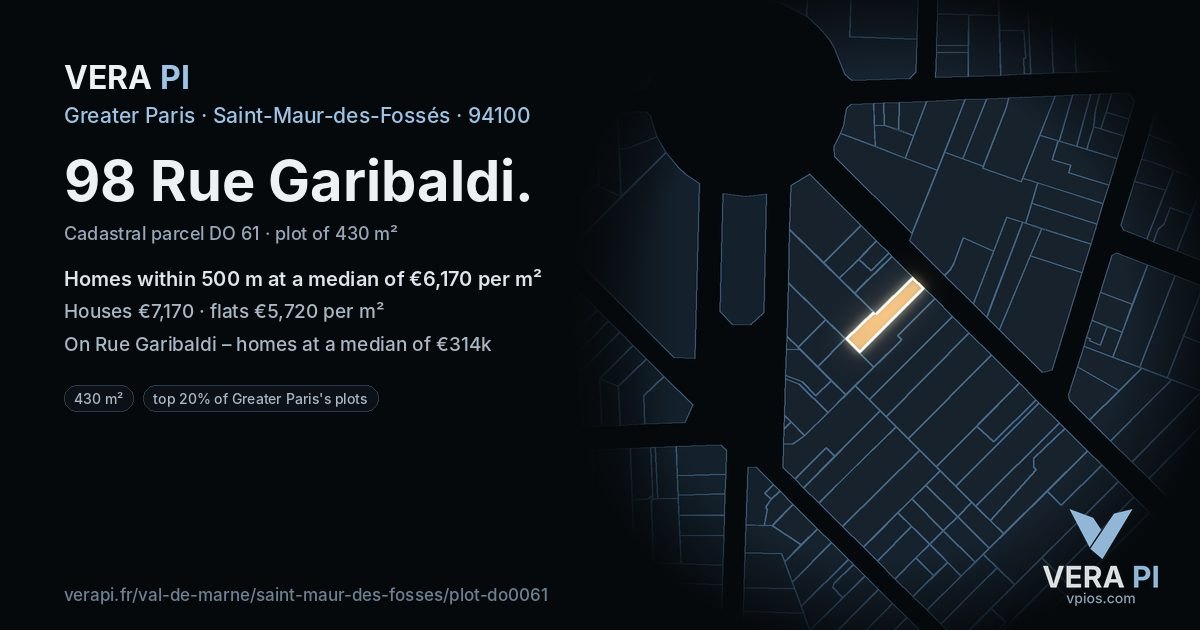 98 Rue Garibaldi, Saint-Maur-des-Fossés at night – the plot lit, the parcels around coloured by the prices near them
