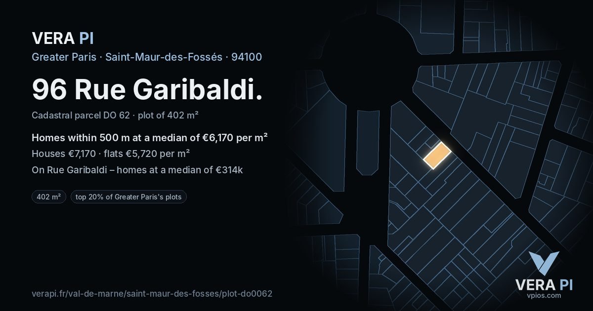 96 Rue Garibaldi, Saint-Maur-des-Fossés at night – the plot lit, the parcels around coloured by the prices near them