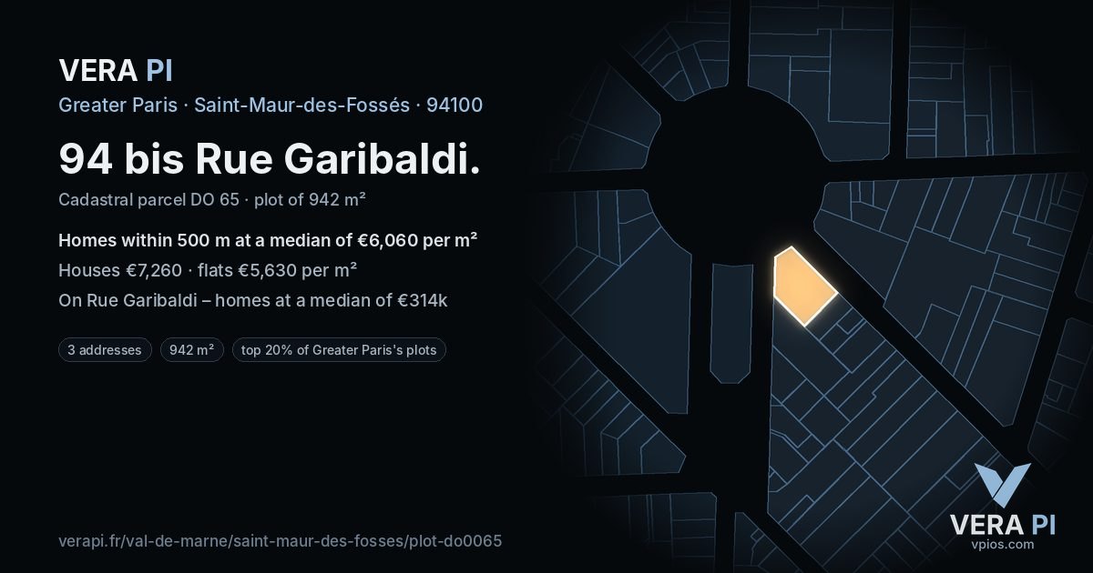 94 bis Rue Garibaldi, Saint-Maur-des-Fossés at night – the plot lit, the parcels around coloured by the prices near them