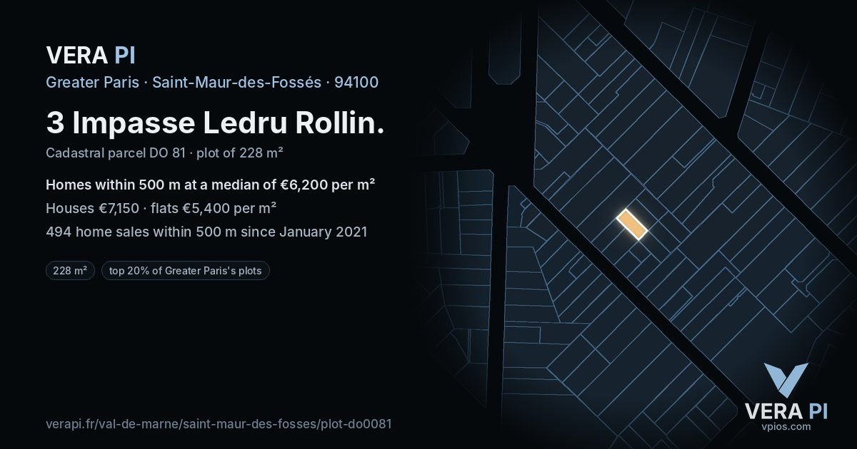 3 Impasse Ledru Rollin, Saint-Maur-des-Fossés at night – the plot lit, the parcels around coloured by the prices near them
