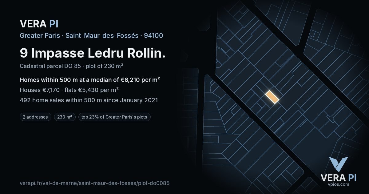 9 Impasse Ledru Rollin, Saint-Maur-des-Fossés at night – the plot lit, the parcels around coloured by the prices near them