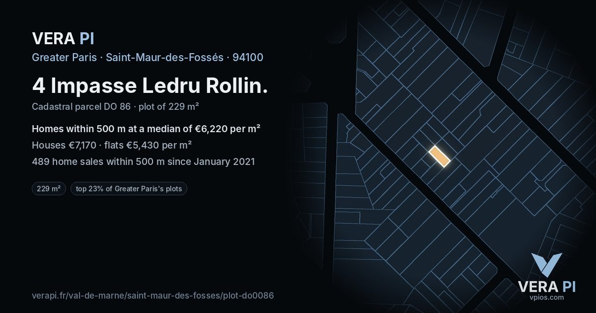 4 Impasse Ledru Rollin, Saint-Maur-des-Fossés at night – the plot lit, the parcels around coloured by the prices near them