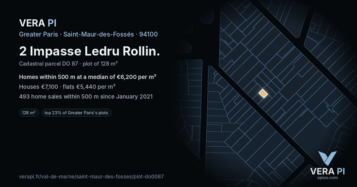 2 Impasse Ledru Rollin, Saint-Maur-des-Fossés at night – the plot lit, the parcels around coloured by the prices near them