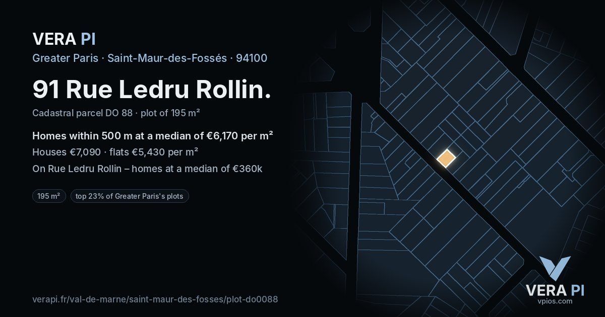 91 Rue Ledru Rollin, Saint-Maur-des-Fossés at night – the plot lit, the parcels around coloured by the prices near them