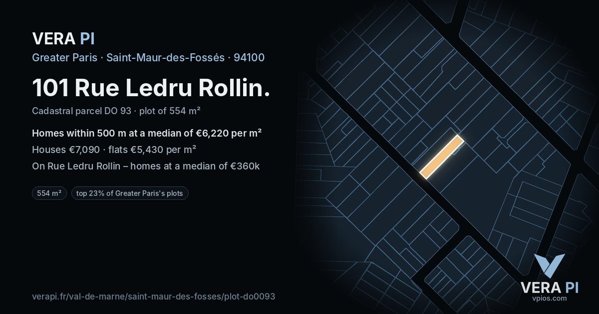 101 Rue Ledru Rollin, Saint-Maur-des-Fossés at night – the plot lit, the parcels around coloured by the prices near them